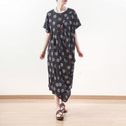 baggy black dotted linen blended caftans plus size O neck baggy dresses boutique short sleeve linen blended dresses