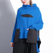 baggy blue cotton blended tops plus size clothing Turtleneck pockets Elegant Batwing Sleeve patchwork cotton blended tops