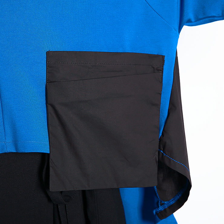 baggy blue cotton blended tops plus size clothing Turtleneck pockets Elegant Batwing Sleeve patchwork cotton blended tops