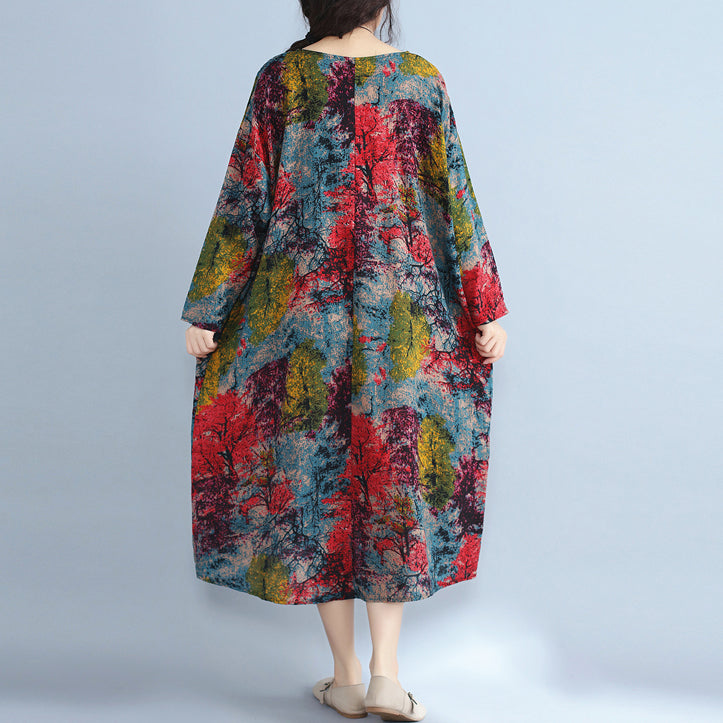 Baggy Multi-Color Natural Linen Dress Plus Size Prints Gown Fine O Neck Caftans