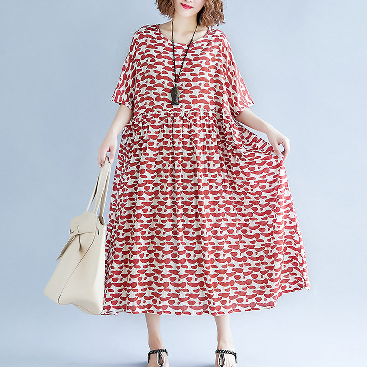 baggy red long cotton linen dresses trendy plus size short sleeve baggy dresses fine o neck caftans