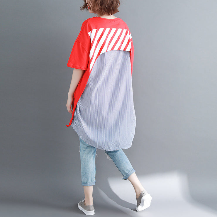 baggy red pure linen cotton blouse casual shirts boutique o neck striped Batwing Sleeve cotton clothing