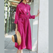 baggy rose cotton linen dress casual Stand cotton linen clothing dress New Three Quarter sleeve baggy dresses