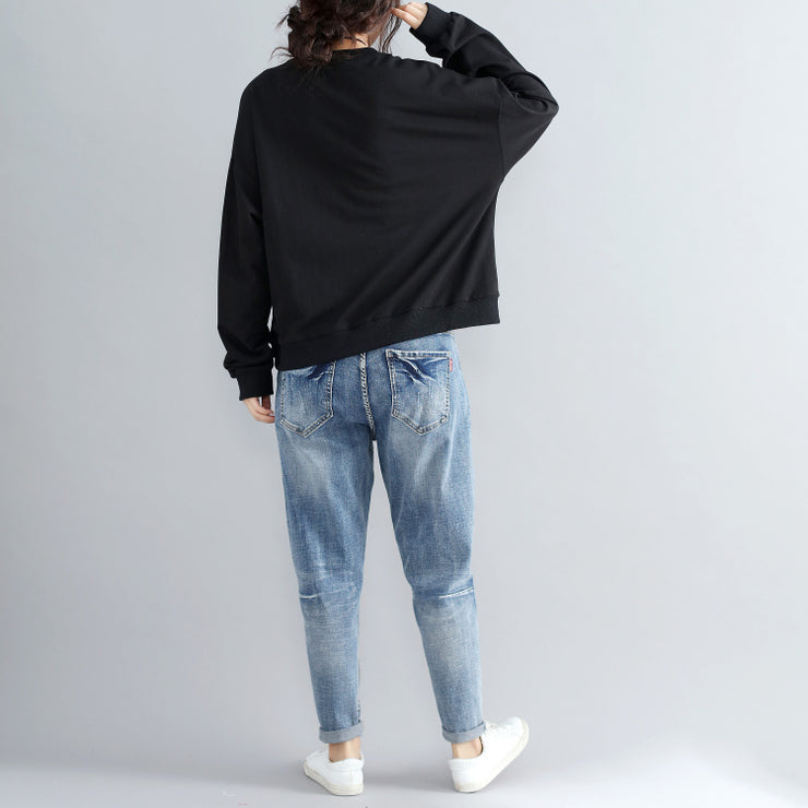 black alphabet  print cotton pullover plus size fashion thick batwing sleeve tops