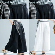black cotton blended wide leg pants tie waist casual trousers - SooLinen