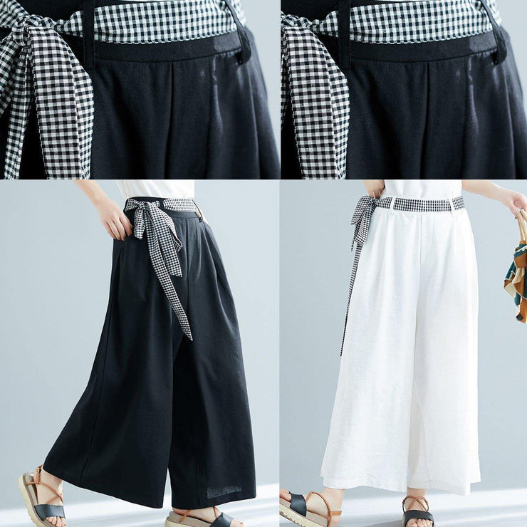 black cotton blended wide leg pants tie waist casual trousers - SooLinen
