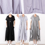 black fashion two pieces linen sleeve mid cardigan loose short sleeve maxi dress - SooLinen