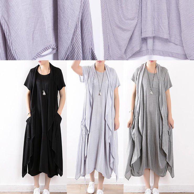 black fashion two pieces linen sleeve mid cardigan loose short sleeve maxi dress - SooLinen