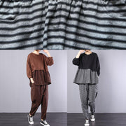 black patchwork striped two pieces cotton linen tops and striped harem pants - SooLinen