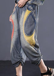 blue cotton new patchwork pants loose Cinched jeans - SooLinen