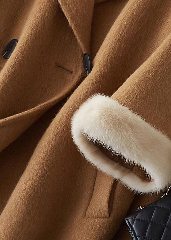 boutique beige Woolen Coats oversize medium length jackets fur collar coat double breast - SooLinen