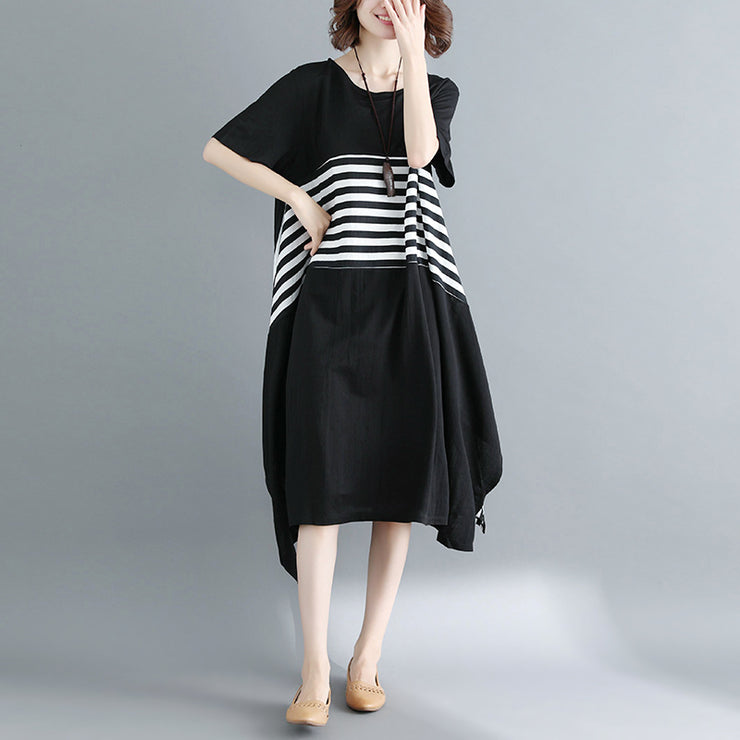 boutique black cotton knee dress Loose fitting cotton clothing dresses fine short sleeve O neck asymmetrical design knee dresses