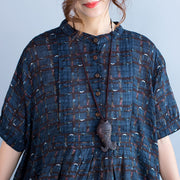 boutique blue Plaid natural cotton linen dress plus size Stand baggy dresses boutique short sleeve asymmetrical design dresses