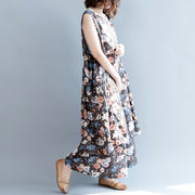 boutique floral Midi-length cotton linen dress oversize traveling dress vintage Sleeveless baggy dresses O neck Cinched cotton dresses