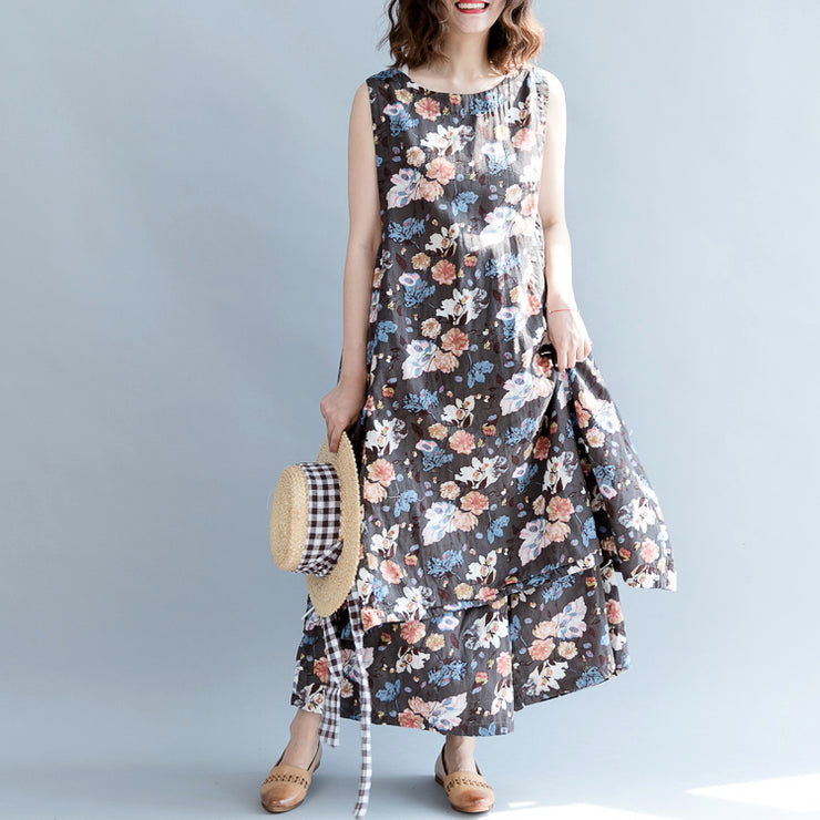 boutique floral Midi-length cotton linen dress oversize traveling dress vintage Sleeveless baggy dresses O neck Cinched cotton dresses
