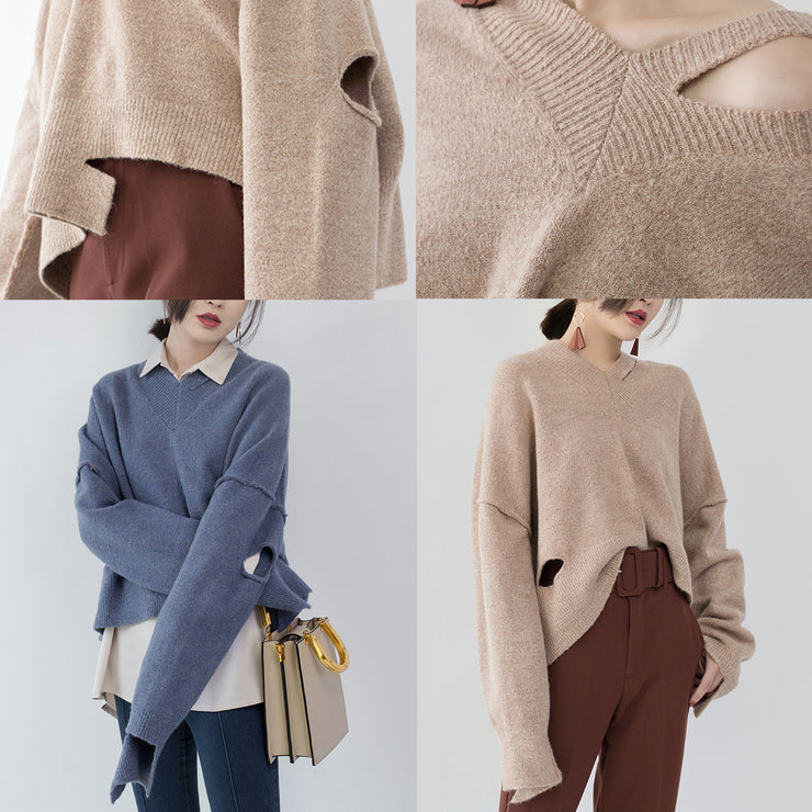 boutique khaki cozy sweater plus size V neck knitted tops fine asymmetrical design top