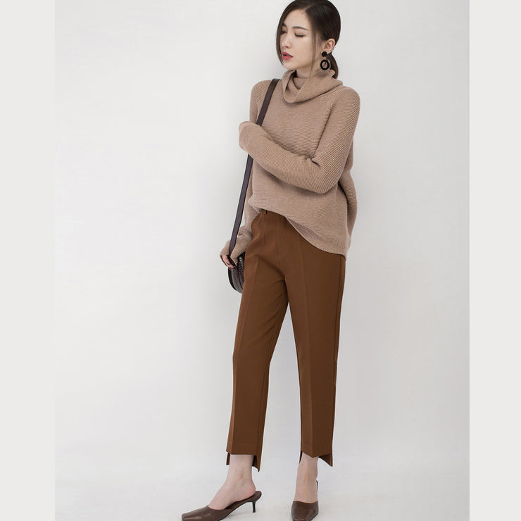 Boutique-Khaki-Strickpullover Plus-Size-Pullover mit hohem Hals Feines Baggy-Top