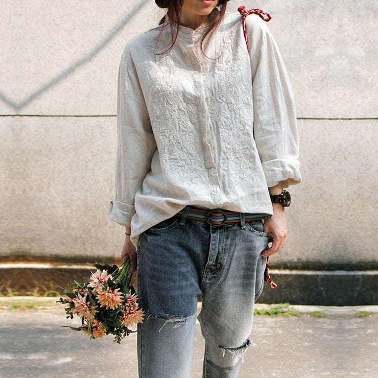 boutique linen blouses plus size clothing Linen Embroidered Shirt