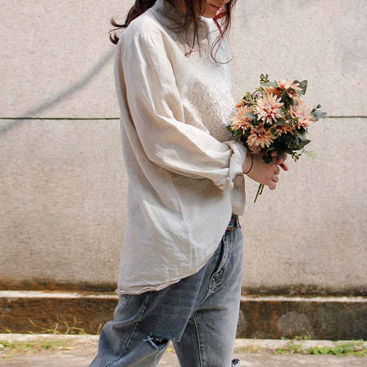 boutique linen blouses plus size clothing Linen Embroidered Shirt