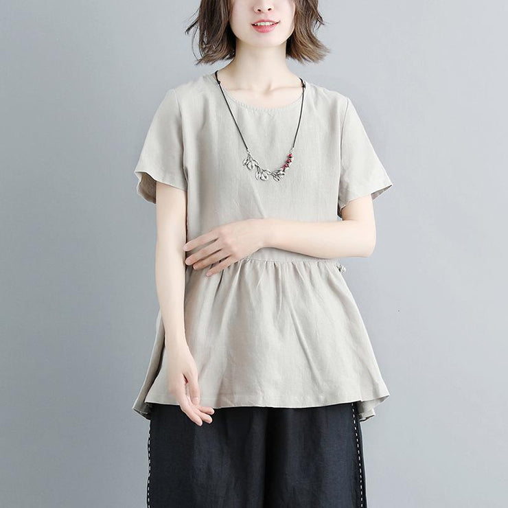 boutique natural linen t shirt casual Pleated Summer Short Sleeve Round Neck Casual Tops