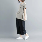 boutique natural linen t shirt casual Pleated Summer Short Sleeve Round Neck Casual Tops