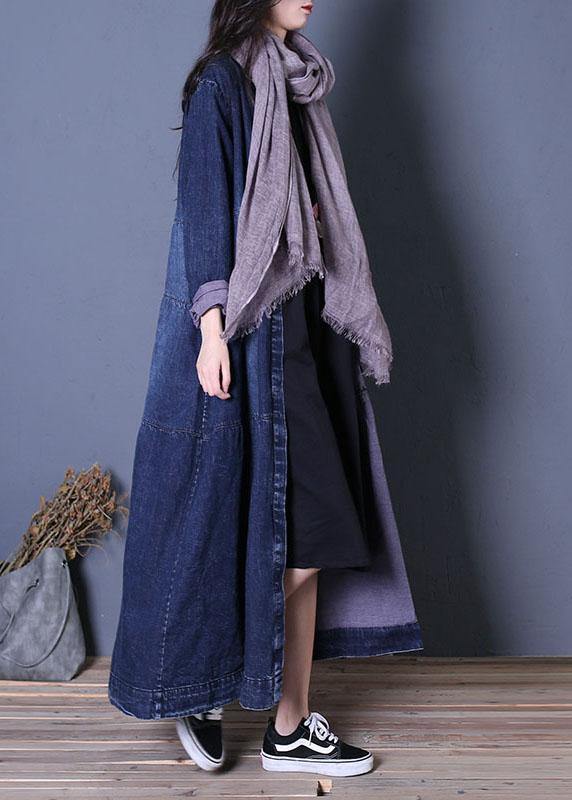 boutique oversize long fall denim blue patchwork Button Down women coats - SooLinen