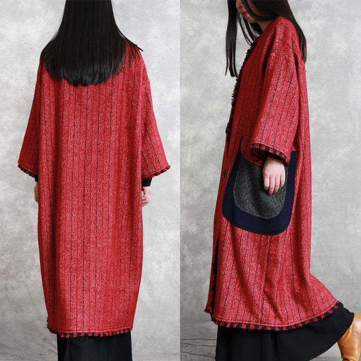 boutique plus size Jackets & Coats outwear red striped o neck pockets woolen outwear - SooLinen