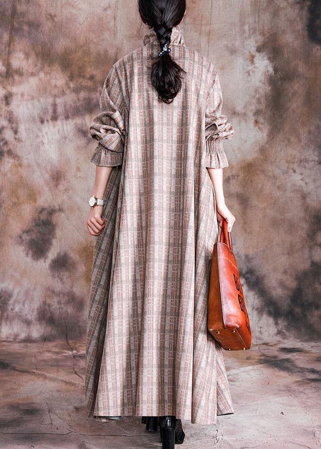 boutique plus size long coat fall woolen outwear khaki plaid Cinched wool coat for woman - SooLinen