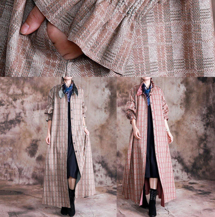 boutique plus size long coat fall woolen outwear khaki plaid Cinched wool coat for woman - SooLinen