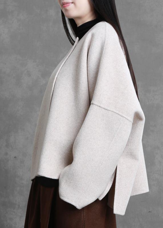 boutique trendy plus size medium length jacket beige o neck pockets wool coat - SooLinen