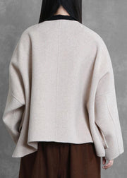 boutique trendy plus size medium length jacket beige o neck pockets wool coat - SooLinen