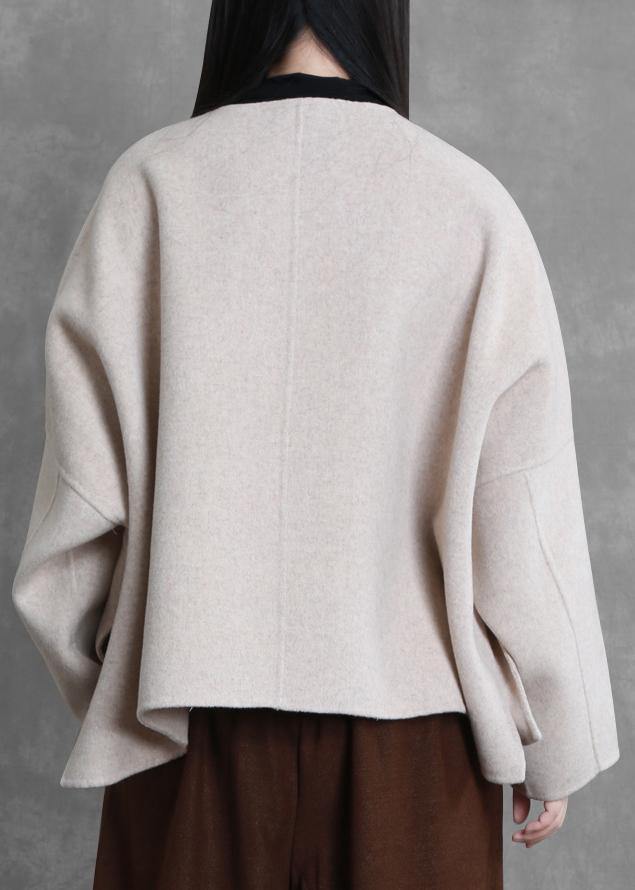 boutique trendy plus size medium length jacket beige o neck pockets wool coat - SooLinen