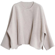boutique trendy plus size medium length jacket beige o neck pockets wool coat - SooLinen