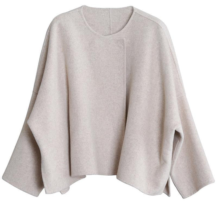 boutique trendy plus size medium length jacket beige o neck pockets wool coat - SooLinen
