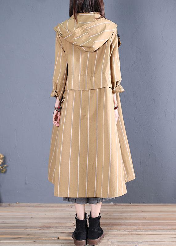boutique women casual Coats fall khaki striped hooded zippered overcoat - SooLinen