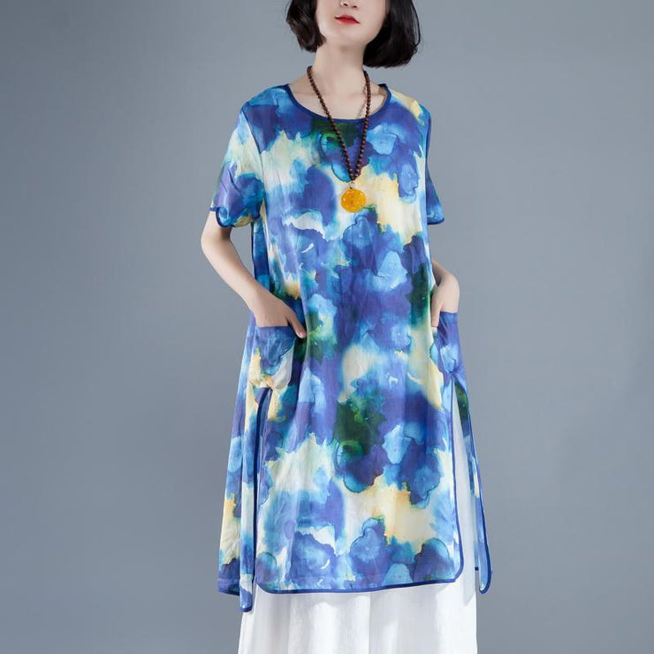 brief linen sundress trendy plus size Short Sleeve slit Summer Casual Printed Dress