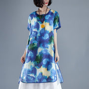 brief linen sundress trendy plus size Short Sleeve slit Summer Casual Printed Dress