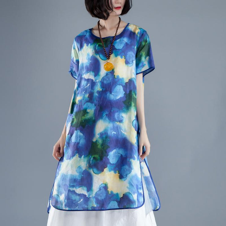 brief linen sundress trendy plus size Short Sleeve slit Summer Casual Printed Dress