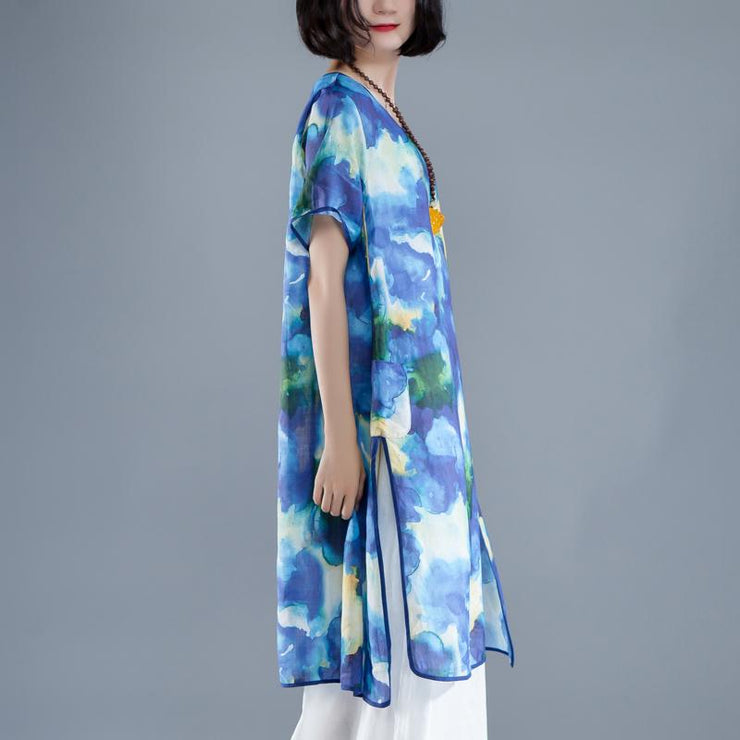 brief linen sundress trendy plus size Short Sleeve slit Summer Casual Printed Dress