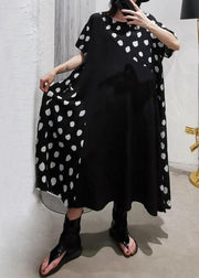 casual black dotted o neck patchwork chiffon long summer dress - SooLinen