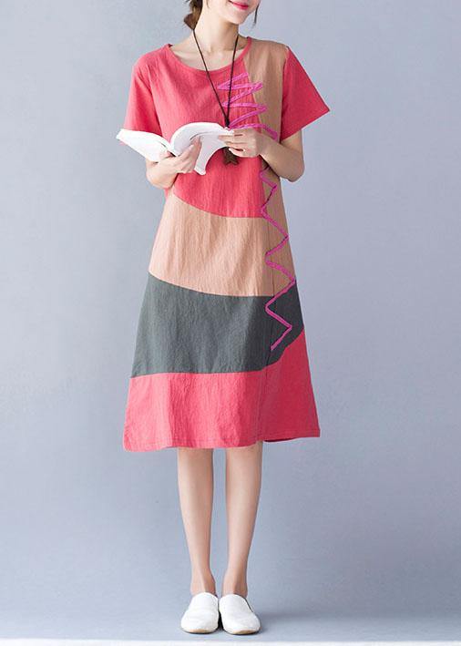 casual cotton linen o neck khaki short sleeve dresses summer - SooLinen