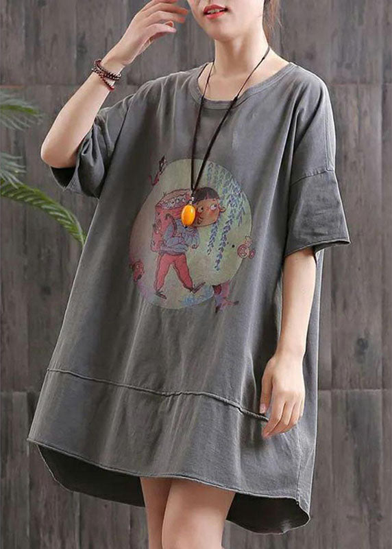 diy Grey O-Neck Print Asymmetrical Design Fall Dress Half Sleeve