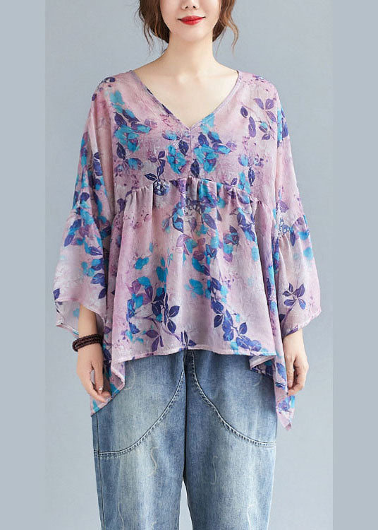 diy Purple Cute Print Lose Patchwork asymmetrisches Design Herbstblusen Halbarm
