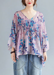 diy Purple Cute Print Lose Patchwork asymmetrisches Design Herbstblusen Halbarm