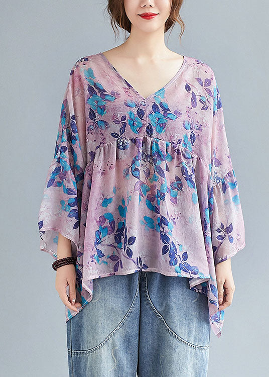 diy Purple Cute Print Lose Patchwork asymmetrisches Design Herbstblusen Halbarm