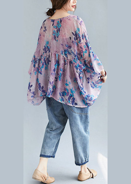 diy Purple Cute Print Lose Patchwork asymmetrisches Design Herbstblusen Halbarm
