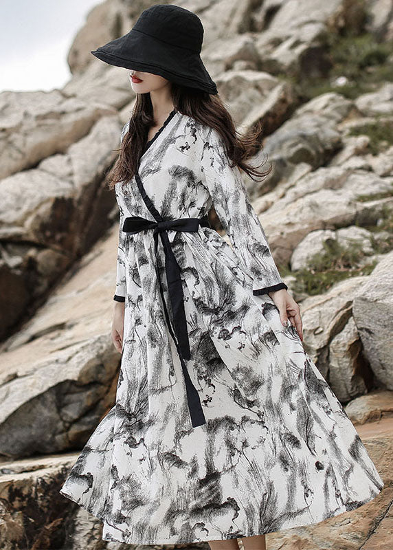 diy Weißes Maxikleid mit V-Ausschnitt und Rüschendruck und langen Ärmeln