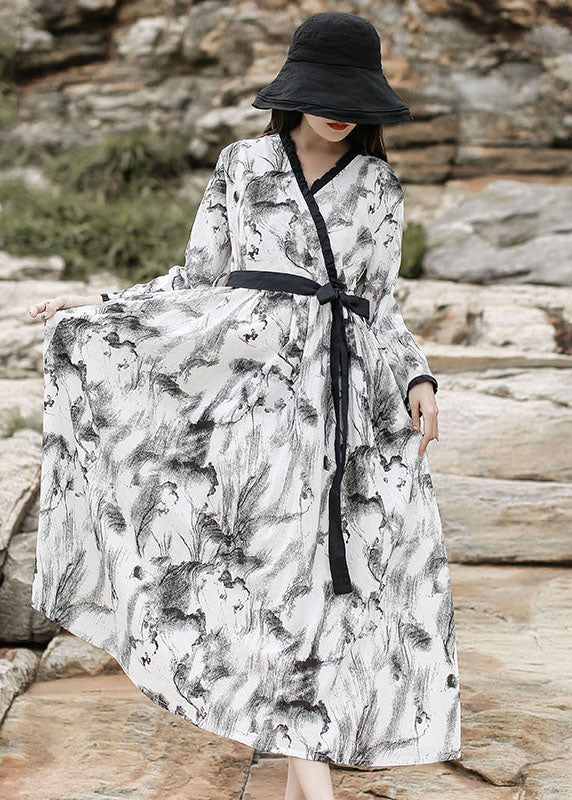 diy Weißes Maxikleid mit V-Ausschnitt und Rüschendruck und langen Ärmeln