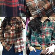 diy lapel collar cotton clothes pattern green plaid shirt autumn - SooLinen