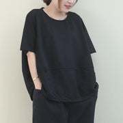 diy o neck Batwing Sleeve cotton summer top Inspiration black shirt - SooLinen